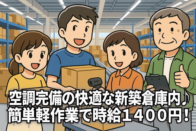 空調完備の新築倉庫×軽作業！日勤×土日祝休み×高時給1,400円の人気案件！