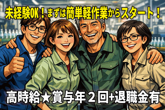 【ペットボトルの出荷時の荷姿検査・資材補充】無資格・未経験OK／シンプルな軽作業から／賞与年2回＋退職金あり
