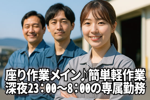 【夜勤専属23:00～8:00】座り作業メイン！未経験も安心のカンタン軽作業！送迎あり＆日払い対応！