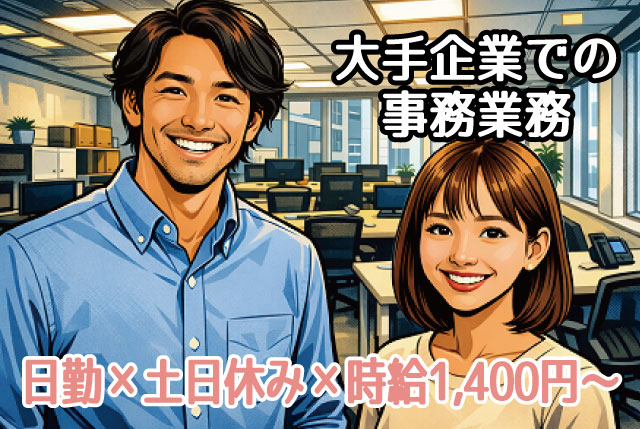 大手企業での事務業務／日勤×土日休み×時給1,400円～／Excelの基本的な操作ができればOK・調達事務経験が活かせます