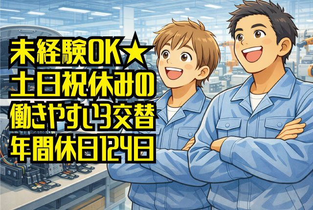 土日祝日休みの3交替制・年間休日124日！未経験者歓迎の自動車用電装部品の製造・検査スタッフ