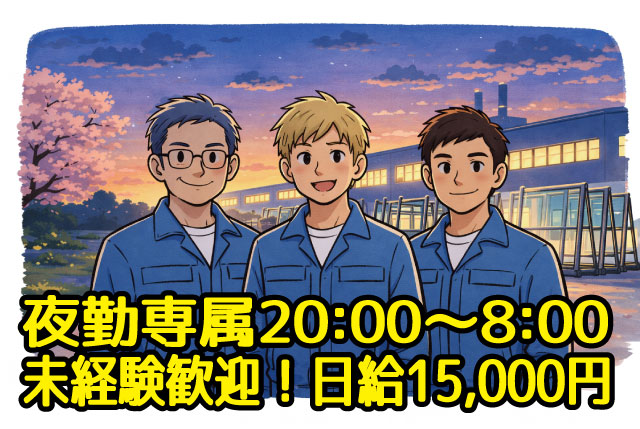【夜勤専属20:00～8:00】夜勤専属でしっかり稼げる！日給15,000円＆休憩2時間ありのガラス製品製造スタッフ募集！