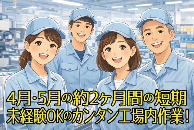 【4月～5月の短期】未経験OKのカンタン工場内作業！日勤のみ×土日祝休み×残業ナシ◎