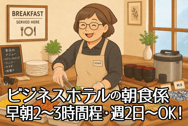 ビジネスホテルの朝食係／未経験者OK♪女性活躍中！早朝の2～3時間程で、週2日～で日数・曜日は相談に応じます！
