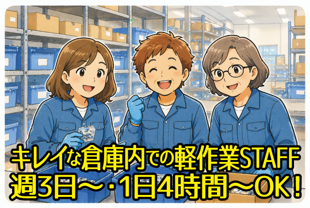 キレイな倉庫でカンタン＆コツコツ軽作業／平日週3日～・1日4時間～の勤務でご相談OK！