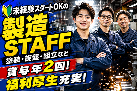 未経験から「手に職」を！塗装・機械加工・溶接など幅広い技術が身につく製造職！月給23万円～+α！賞与年2回あり！